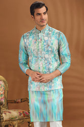 Firozi Blue and Multi Colored Silk Kurta Pajama with Embroidered Mirror Worked Jacket